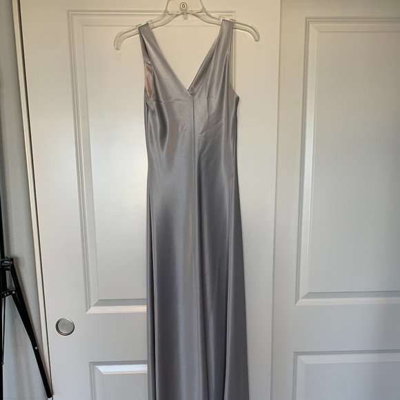 Silver Satin Finish Formal Dress with Draping Neckline Size S - Picture 4 of 6